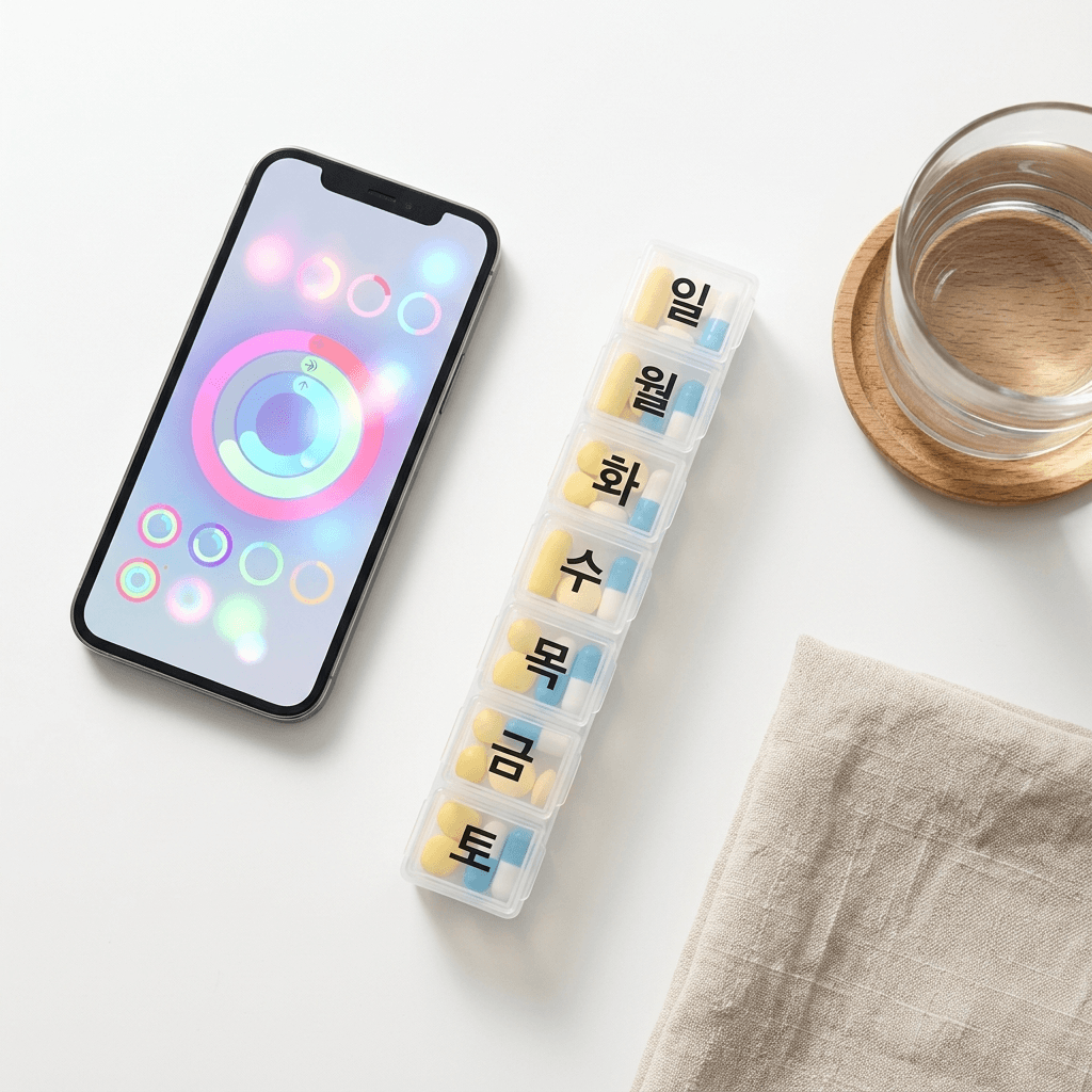 스마트폰 건강 앱 화면과 영양제 정리함이 함께 보이는 일상 사진