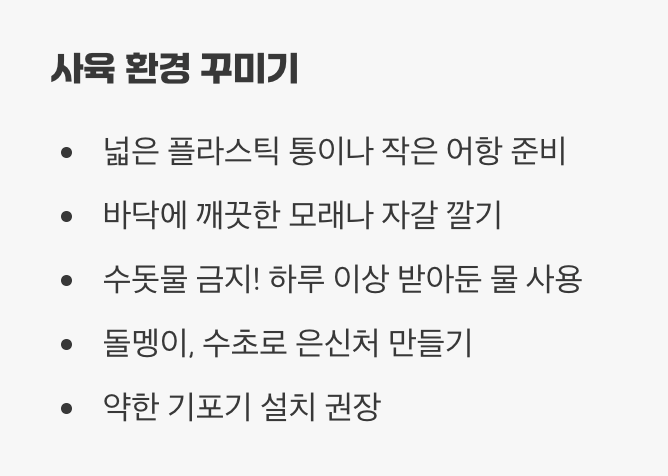 작은 연못 옮겨오기, 사육 환경 꾸미기