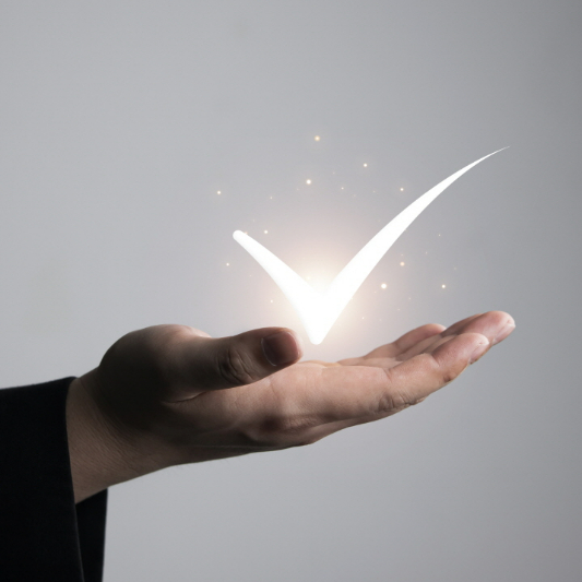 손바닥 위에서 체크 표시가 빛나고 있습니다.