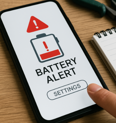 스마트폰 화면에 배터리 경고 알림이 표시된 모습으로, ‘BATTERY ALERT’ 문구와 붉은 경고 아이콘이 보이며 사용자가 설정 버튼을 누르려는 장면