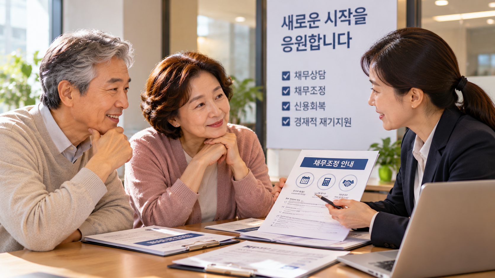 중장년 부부가 금융 상담사에게 오래된 채무와 채무조정 제도에 관한 상담을 받는 모습