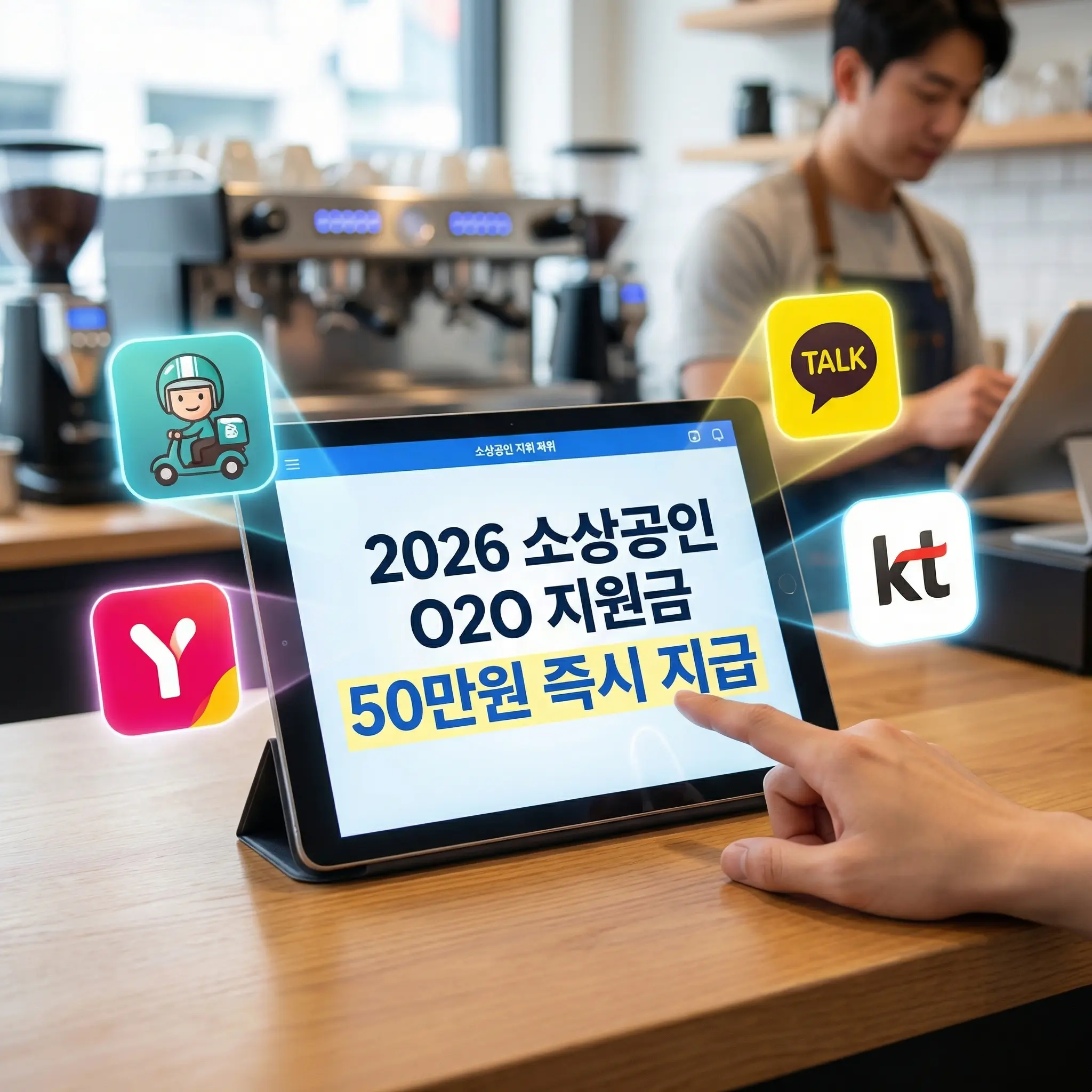 2026년 소상공인 O2O 지원금 총정리 썸네일 이미지. 카페 배경에서 사장님이 태블릿 PC를 사용하고 있으며, 태블릿 화면에는 '2026 소상공인 O2O 지원금, 50만원 즉시 지급'이라는 문구가 굵은 글씨로 강조되어 있음. 태블릿 주변으로는 배달의민족(민트색 배달 아이콘), 요기요(Y 로고), 카카오톡(TALK 로고), KT 로고가 떠 있어 제휴 플랫폼을 시각적으로 보여줌. 소상공인 마케팅 및 광고비 지원 사업의 핵심을 설명하는 고화질 디자인 이미지.