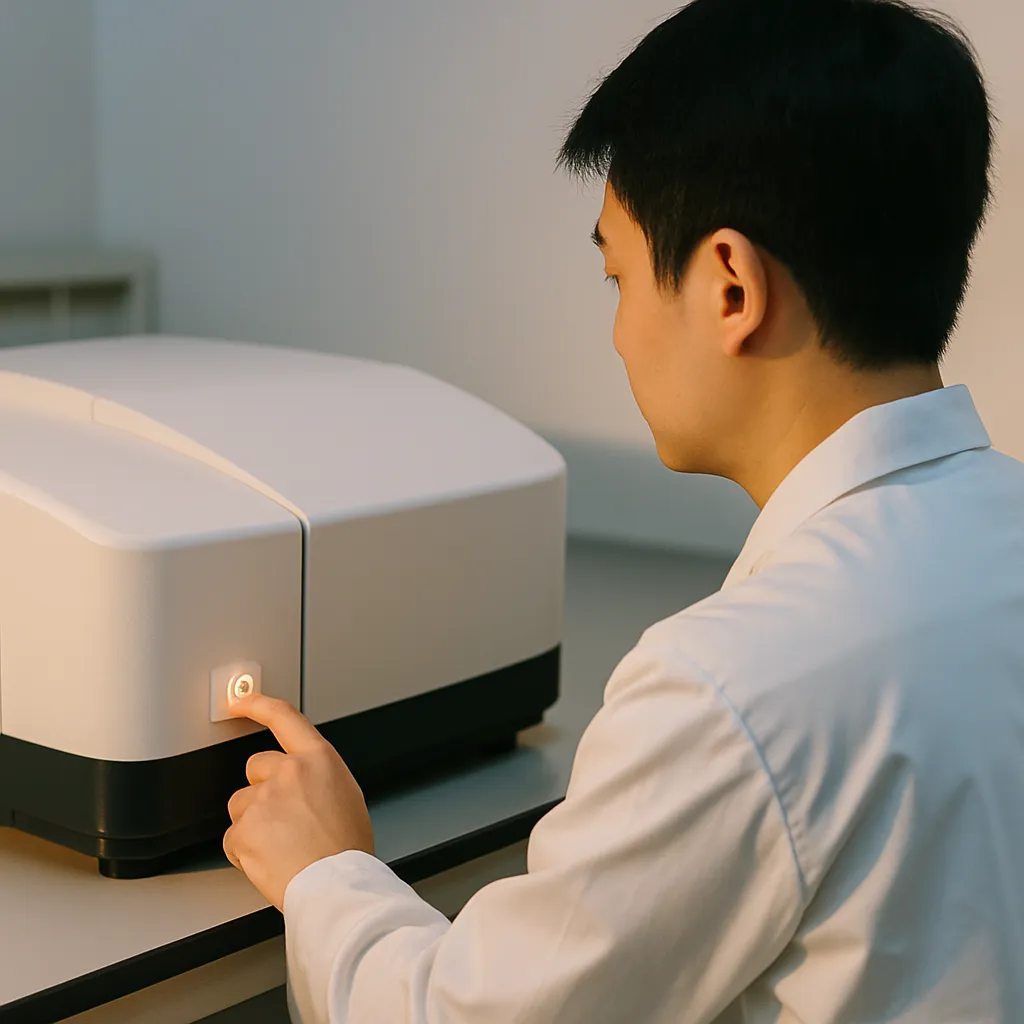 실험실 환경에서 UV-Vis 장비의 전원을 켜는 장면