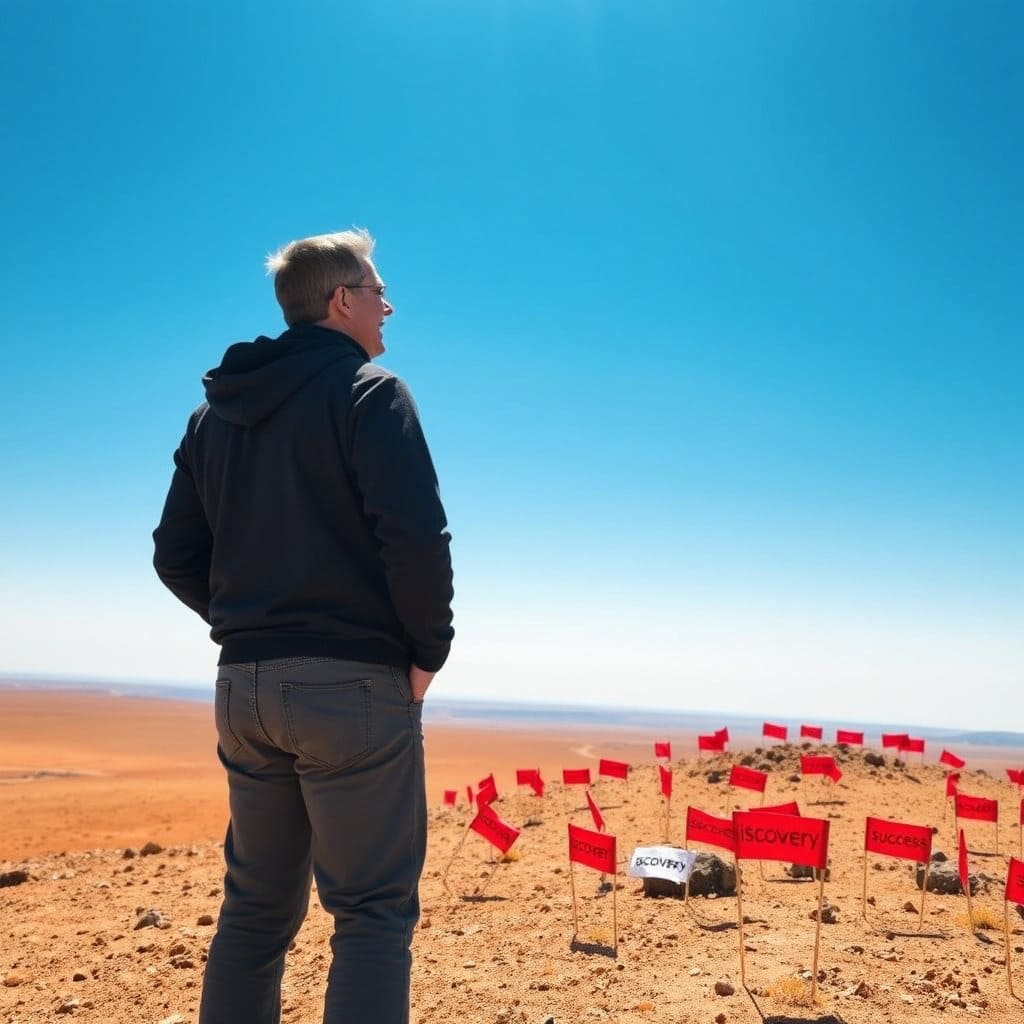 푸른 하늘 아래 넓게 펼쳐진 땅을 바라보며 미소 짓는 사람의 뒷모습입니다. 땅 위에는 '발견' 또는 '성공'을 상징하는 작은 깃발이 꽂혀 있어 성취감을 나타냅니다.