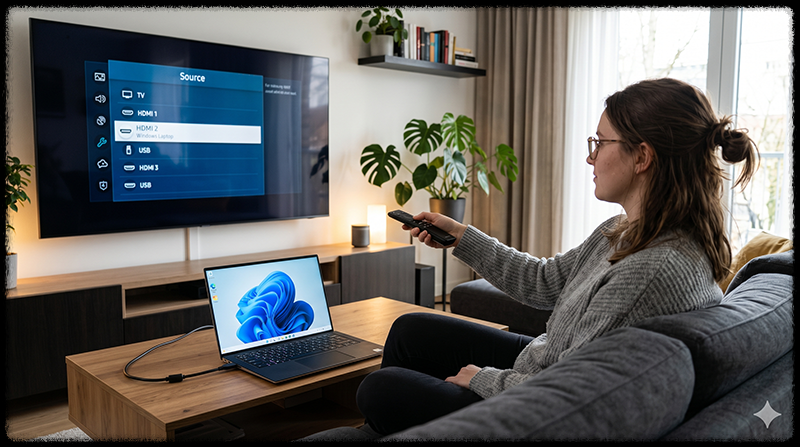 TV 리모컨으로 HDMI 입력 소스를 변경하는 모습