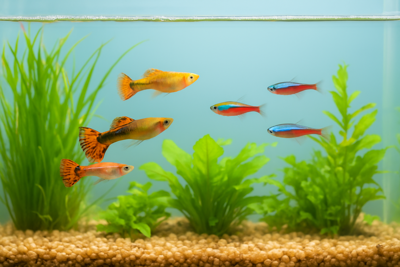 맑은 물과 수초 속에서 헤엄치는 구피와 네온테트라 등 작은 열대어가 있는 가정용 수족관 모습