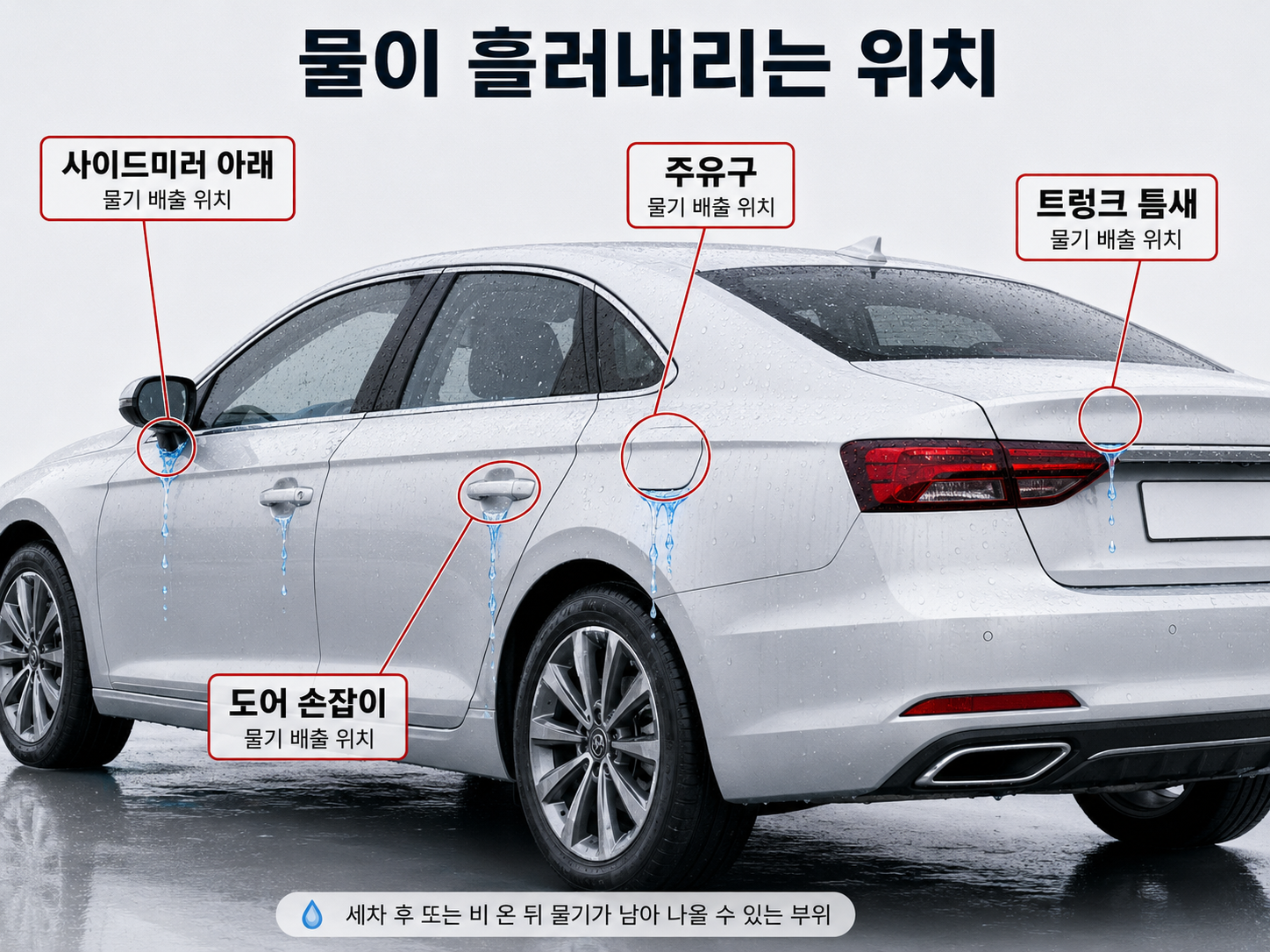 자동세차 후 물자국이 생기기 쉬운 사이드미러 주유구 트렁크 틈새 위치
