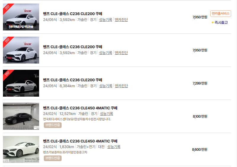 벤츠 CLE 중고차 가격 시세표 24년10월