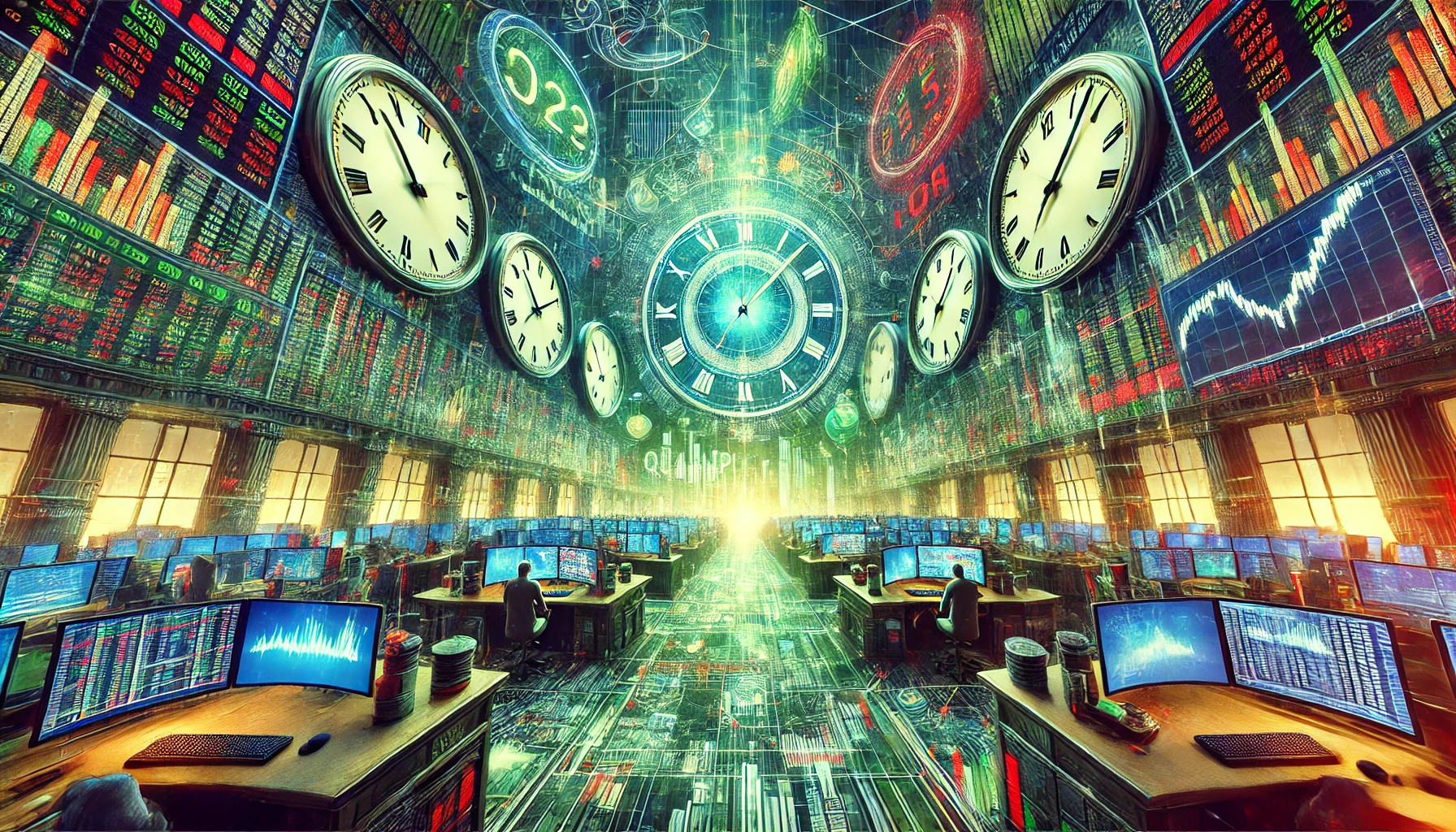 중요한 거래 이벤트에서 주식 시장의 강렬하고 역동적인 성격을 요약한 쿼드러플 위칭 데이(Quadruple Witching Day)를 시각적으로 표현한 이미지