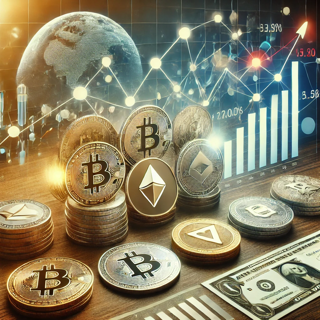 다양한 암호화폐 포트폴리오와 금융 성장 차트