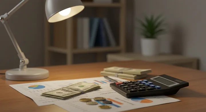 배당 수익 계산과 관련된 금융 자료와 계산기, 달러 현금 이미지