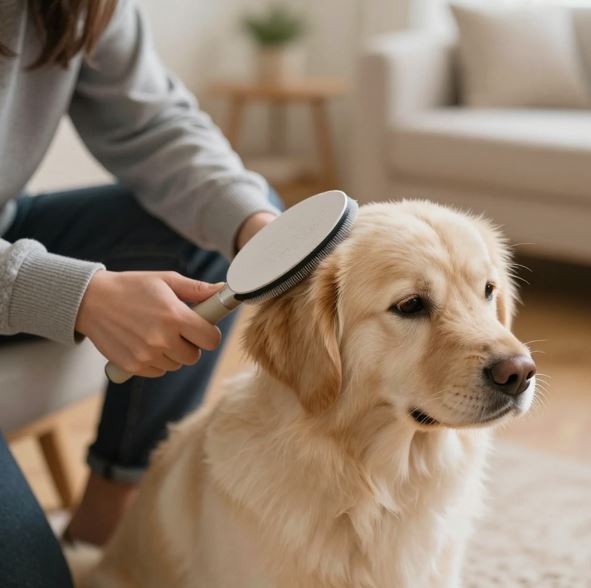 보호자가 강아지를 빗으로 빗어주는 모습