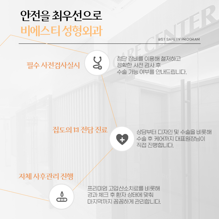 안전을 최우선으로 비에스티성형외과
1. 필수 사전검사 실시 
2. 집도의 1:1 전담 진료 
3. 자체 사후관리 진행