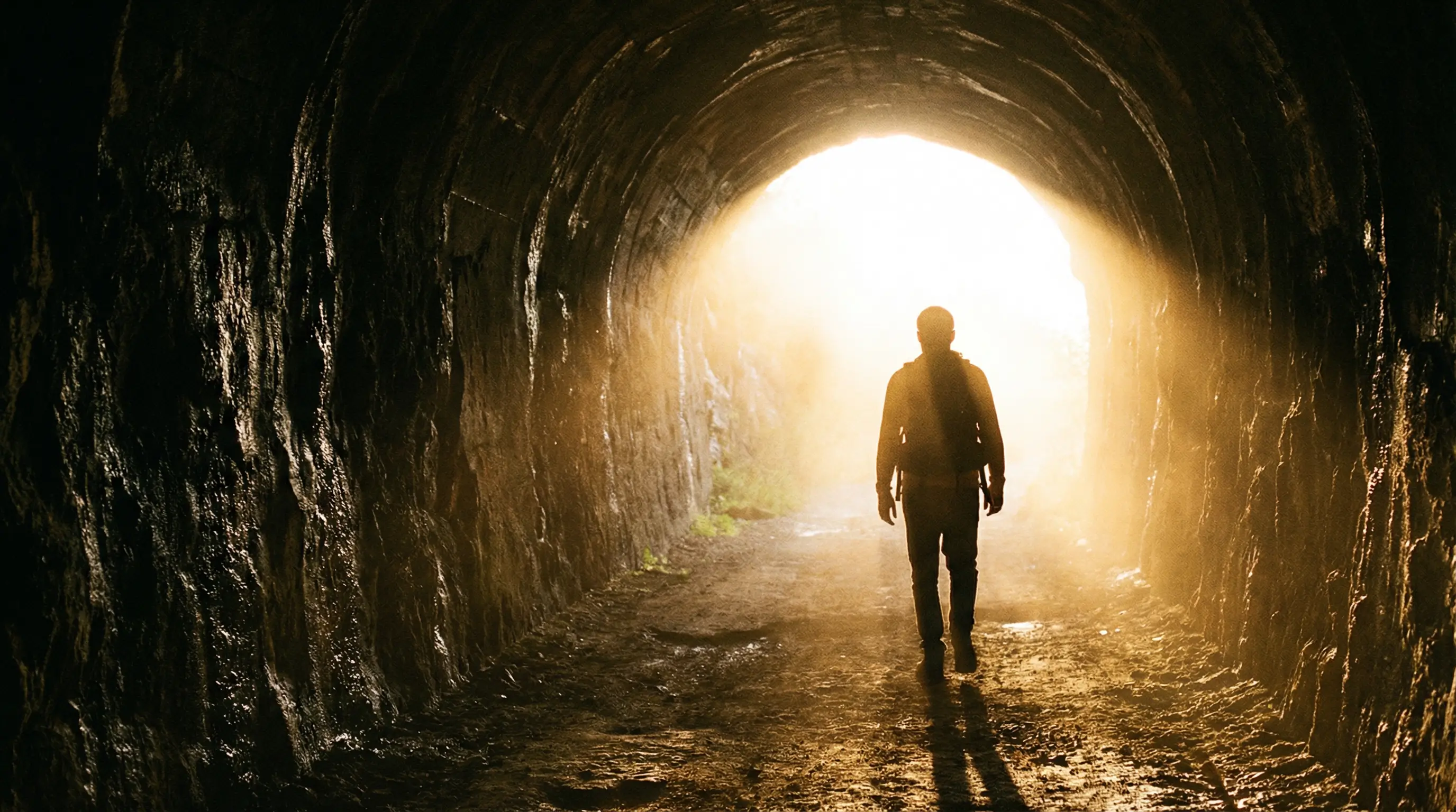 어두운 터널 속에서 빛이 들어오는 출구를 향해 걸어가는 사람의 뒷모습을 통해 회생의 희망을 표현한 이미지