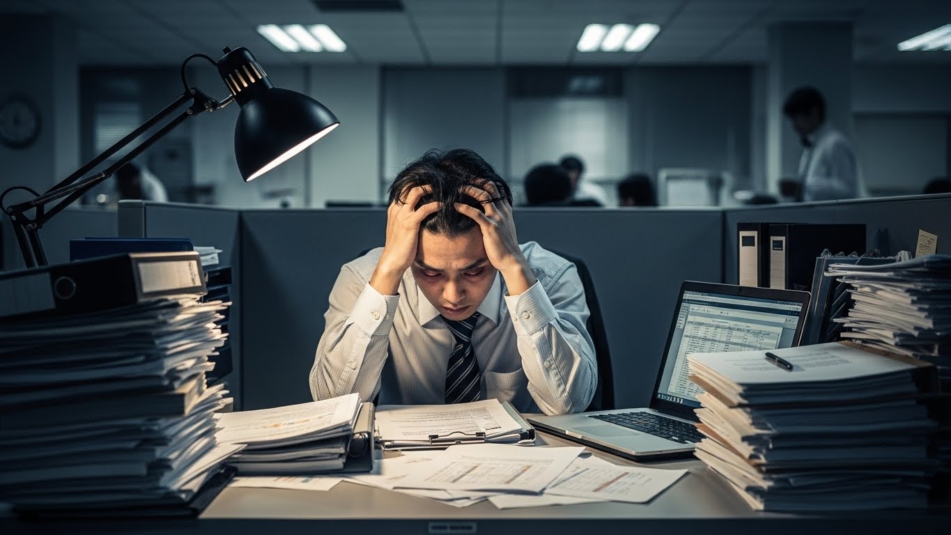 업무 과다로 야근하며 스트레스받는 한국 직장인의 모습