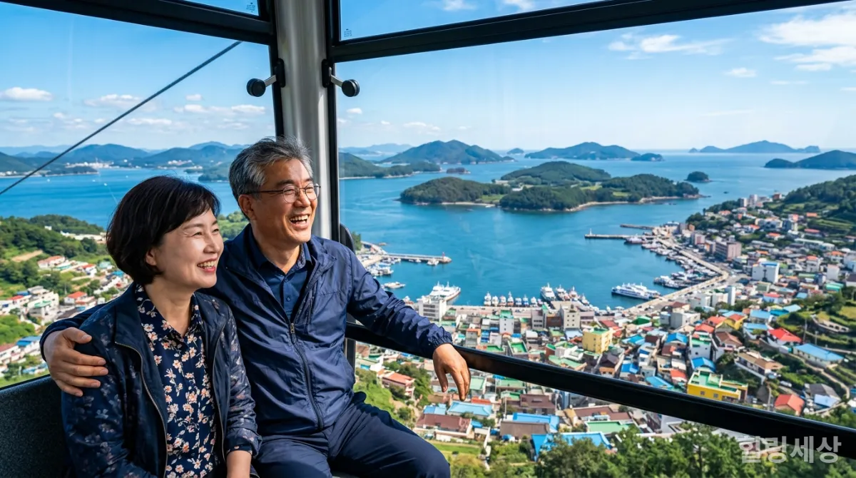 통영 케이블카에서 아름다운 한려수도 풍경을 감상하는 50대 한국인 부부