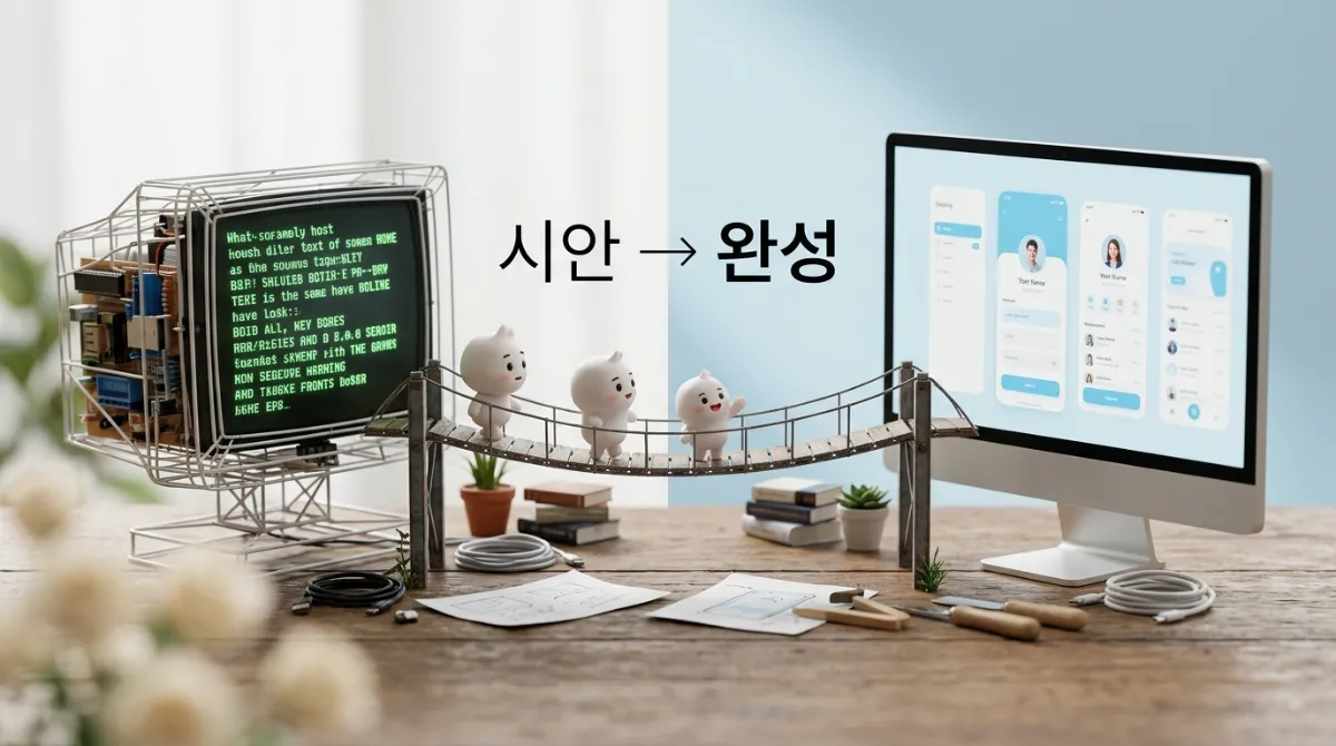 의미 없는 로렘 입숨 텍스트를 사용한 레이아웃 시안과 완성된 디자인의 비교 화면