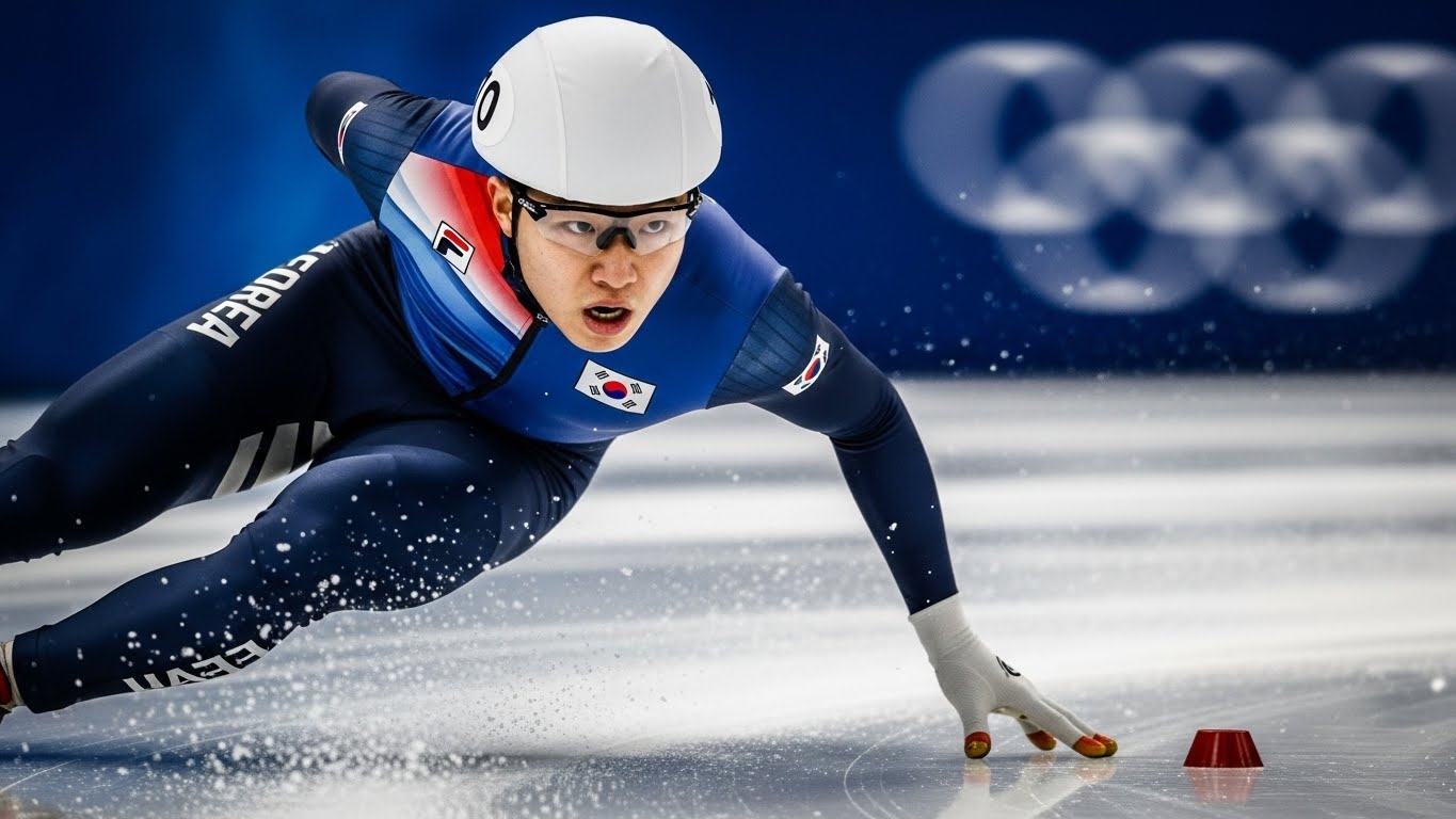 코너를 질주하는 한국 쇼트트랙 스피드스케이팅 선수의 역동적인 모습.
