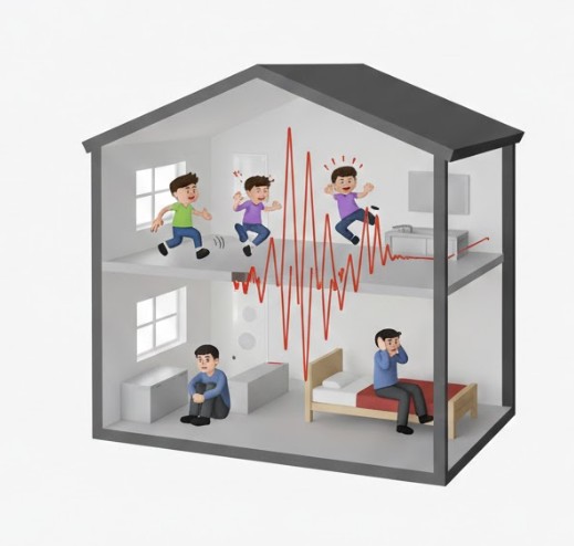 윗집 아이들의 층간소음 발망치가 고체 매질을 통해 전달되어 고통받는 모습