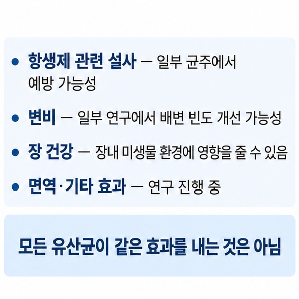 항생제 관련 설사, 변비, 장 건강에서 일부 프로바이오틱스 균주의 연구 근거와 한계를 비교한 이미지