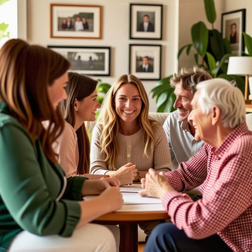 요양보호사와 가족: 요양보호사가 노인의 가족과 함께 대화하는 모습. 서로의 소통과 협력을 강조하는 장면.