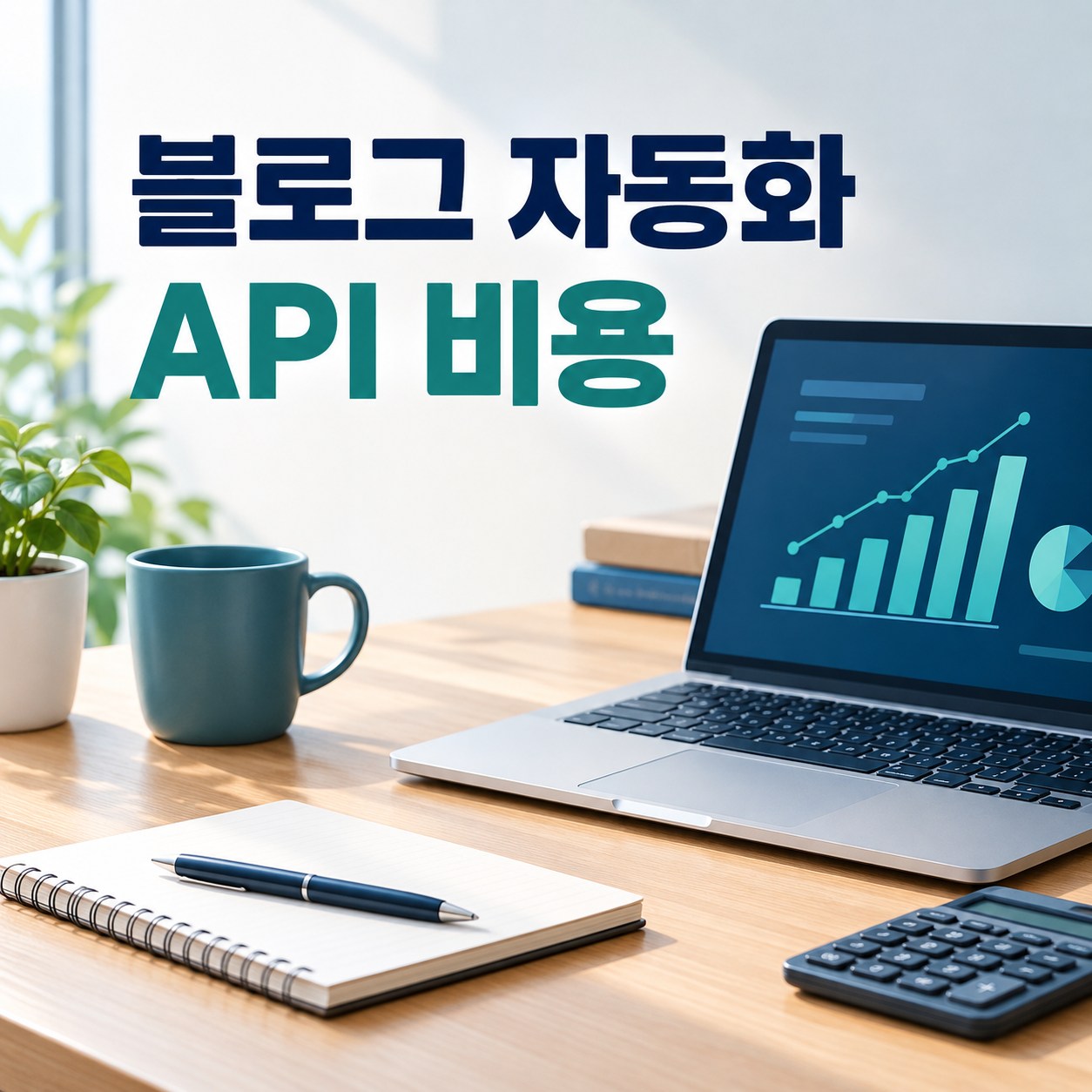 노트북의 분석 그래프와 계산기가 놓인 책상 위에 블로그 자동화 API 비용이라는 문구가 보이는 대표 이미지
