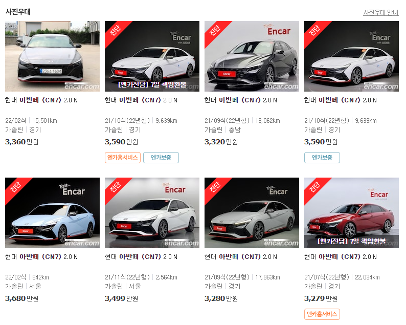 아반떼 CN7 2.0 가솔린 중고차 가격