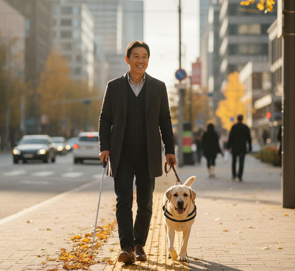 "흰 지팡이를 든 시각장애인과 안내견이 점자블록 위를 걷는 모습"