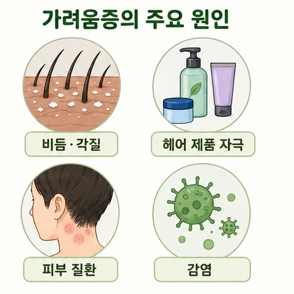 비듬과 각질, 헤어 제품 자극, 피부 질환, 감염 등 두피 가려움의 주요 원인을 보여주는 이미지