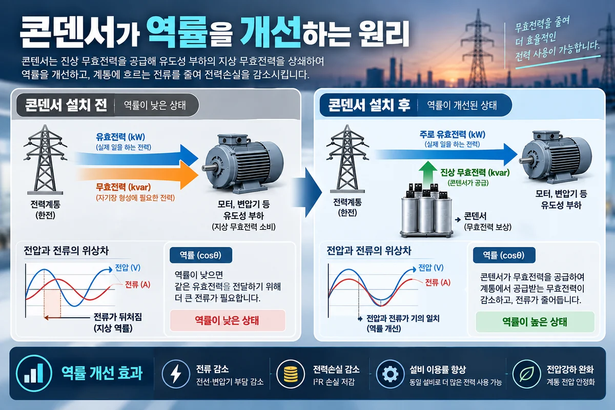 콘덴서 설치 전후 무효전력과 전류 변화를 비교한 역률 개선 원리