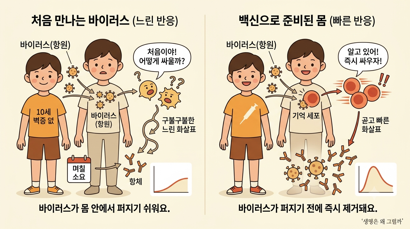 예방접종은 면역계가 특정 병원체에 대비할 수 있도록 미리 경험을 만들어 줍니다.