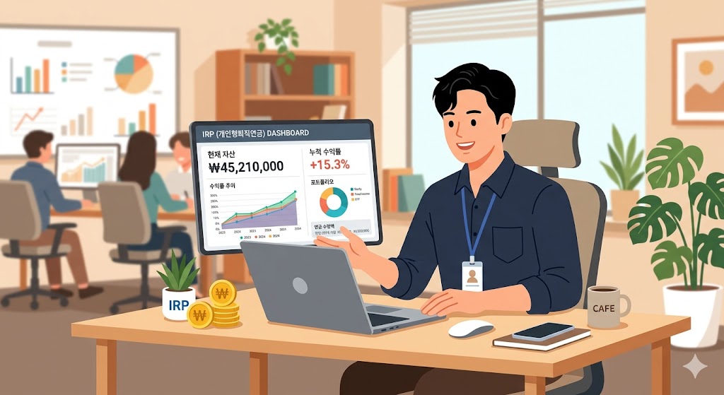 IRP 퇴직연금 계좌를 확인하는 직장인 일러스트