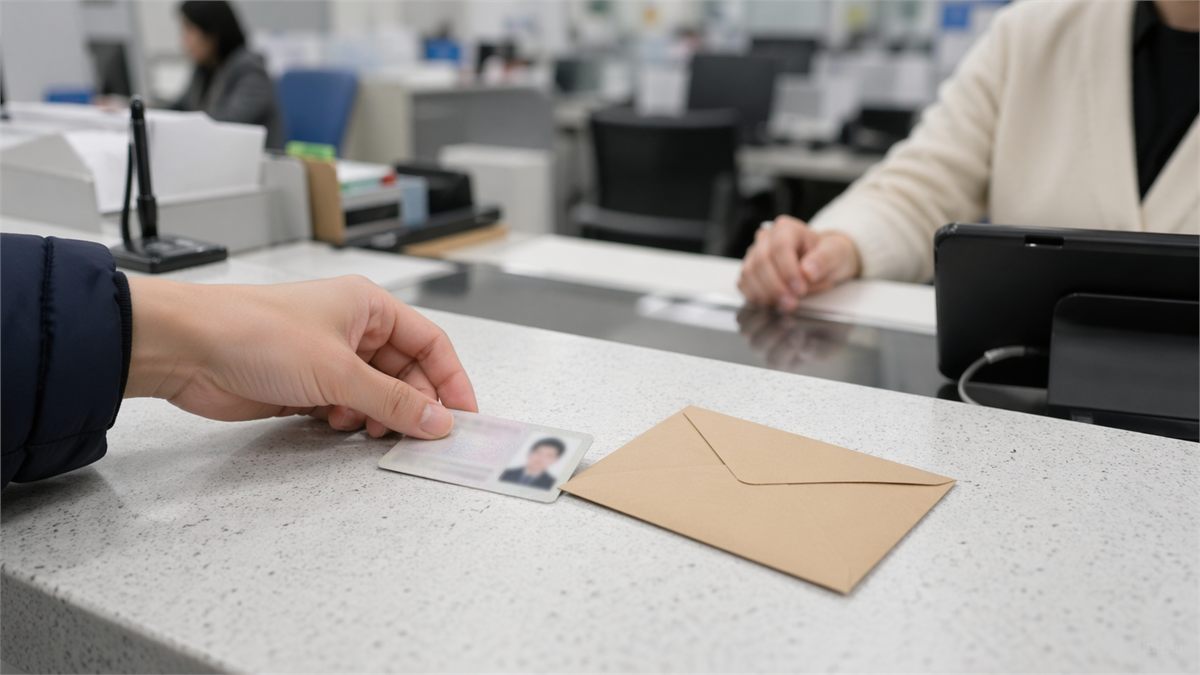 민원창구 앞에서 신분증을 준비하는 손 클로즈업 장면 