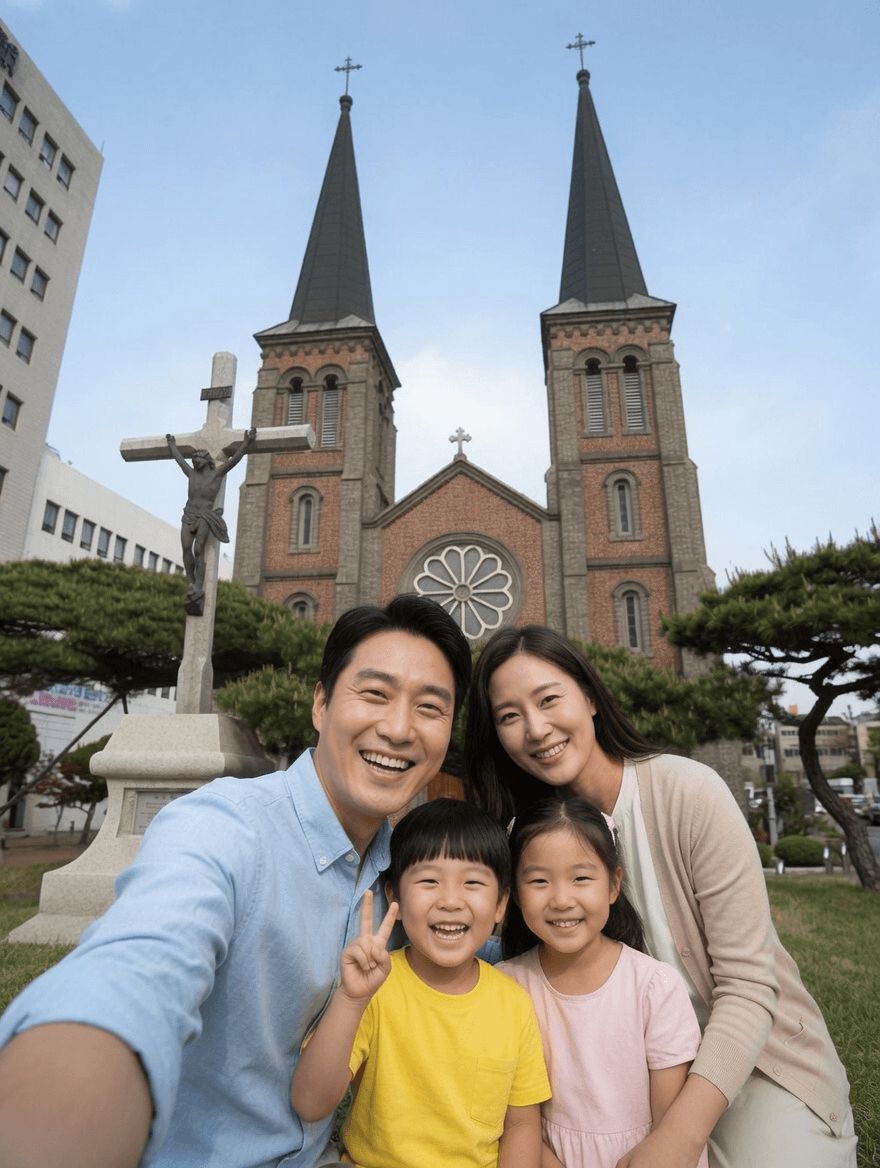 대구 중구 계산동 대구 근대골목 계산성당 앞, 두 개의 첨탑과 장미창이 있는 붉은 벽돌 성당과 예수 십자가상을 배경으로 한 가족 여행 기념 사진