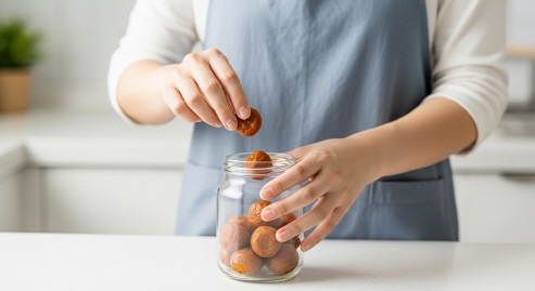 숙성된 우메보시를 꺼내는 모습