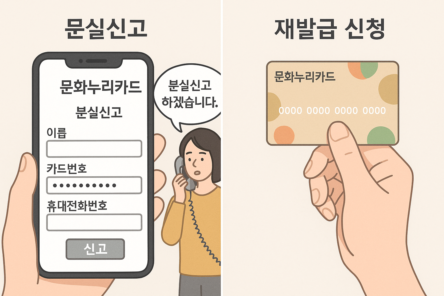 문화누리카드 분실신고 화면과 재발급 신청 장면