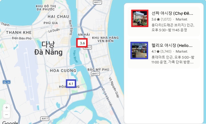 다낭 선짜 야시장, 헬리오 야시장 구글맵에 위치 표시