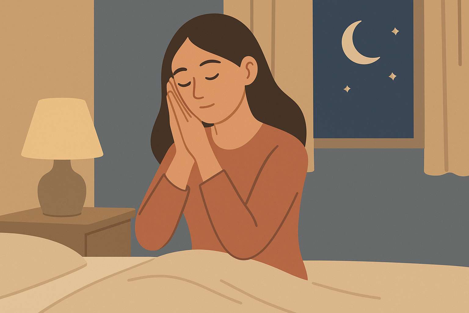 수면의 질을 높이기 위해 저녁 루틴을 실천하는 여성의 평온한 밤 분위기