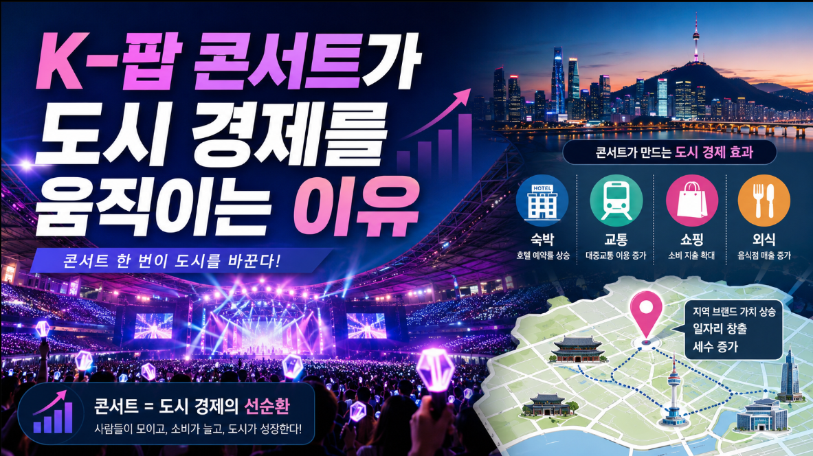 K-팝 콘서트가 티켓 숙박 관광 소비를 통해 도시 경제를 움직이는 이유를 소개하는 이미지