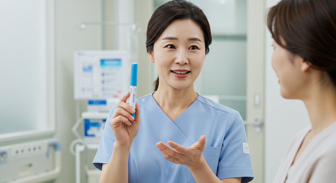 한국인 간호사가 위고비 주사 펜을 손에 들고 사용법을 설명하는 모습