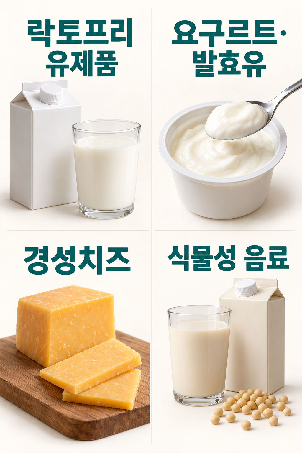 락토프리 우유와 요구르트, 경성치즈, 식물성 음료의 제품 형태를 나란히 비교한 모습