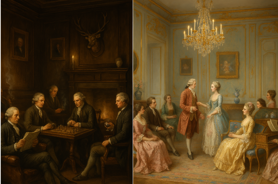 18세기 후반 영국의 젠틀맨스 클럽(좌)과 프랑스의 살롱(우) 이미지 입니다.
