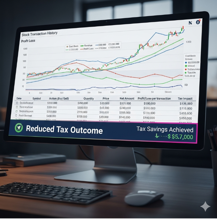 컴퓨터 모니터 화면에 복잡한 주식 거래 내역과 함께 수익과 손실이 계산되는 과정이 차트로 표시되어 있다. 최종적으로는 세금이 줄어든 결과가 강조되어 있다.