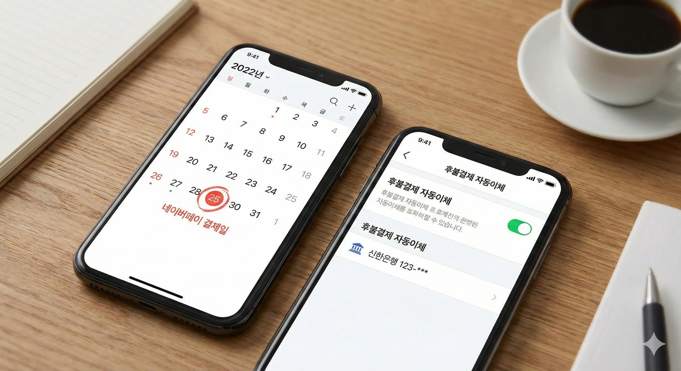 안전한 네이버 후불결제 신용등급 관리를 위해 캘린더 앱에 결제일을 표시하고 후불결제 계좌 자동이체를 설정한 두 대의 스마트폰 화면