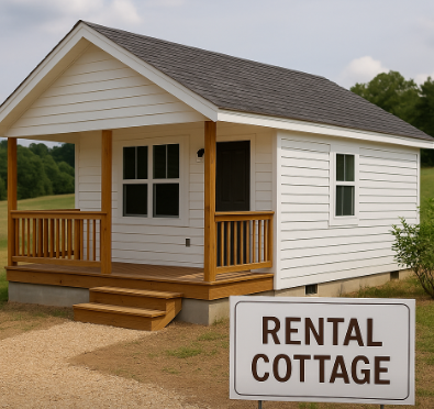 전원 풍경 속 하얀 외벽의 소형 단독주택 앞에 ‘RENTAL COTTAGE’ 표지판이 세워진 장면