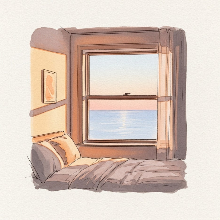 창밖으로 푸른 바다가 보이는 아늑한 여행 숙소의 밤