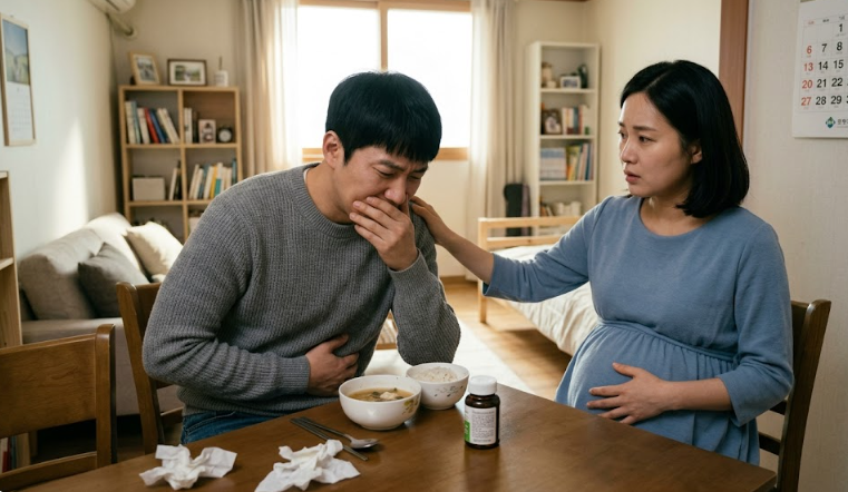 동양인 부부중 남편이 메스꺼움을 느끼는 모습
