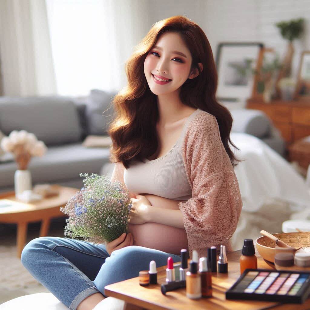 임신 사전건강검사를 알아보며 집을 나서기 위해 화장을 하는 임산부