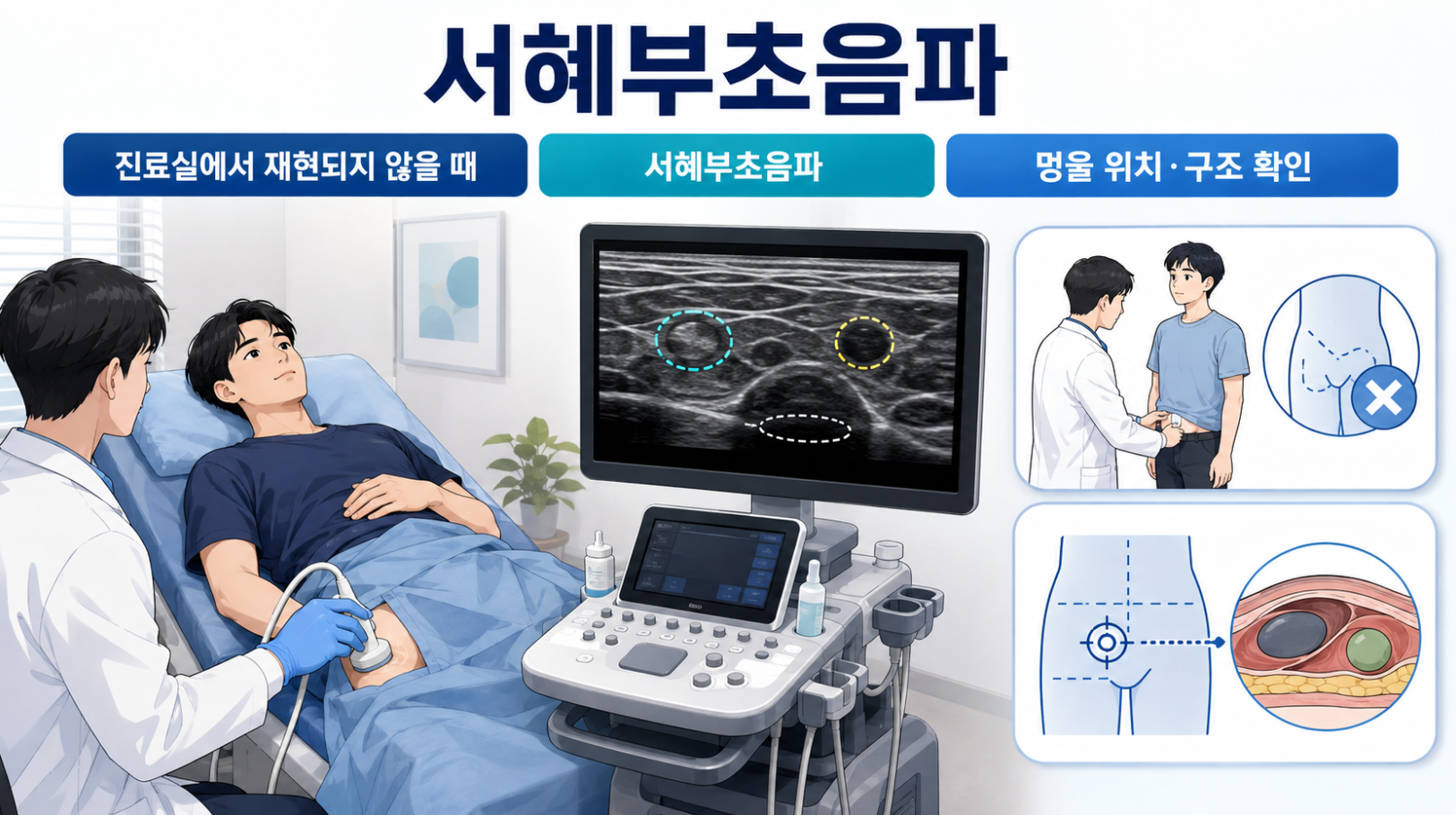 진찰에서 사타구니 멍울이 분명하지 않을 때 시행하는 서혜부초음파 검사와 위치&middot;구조 확인