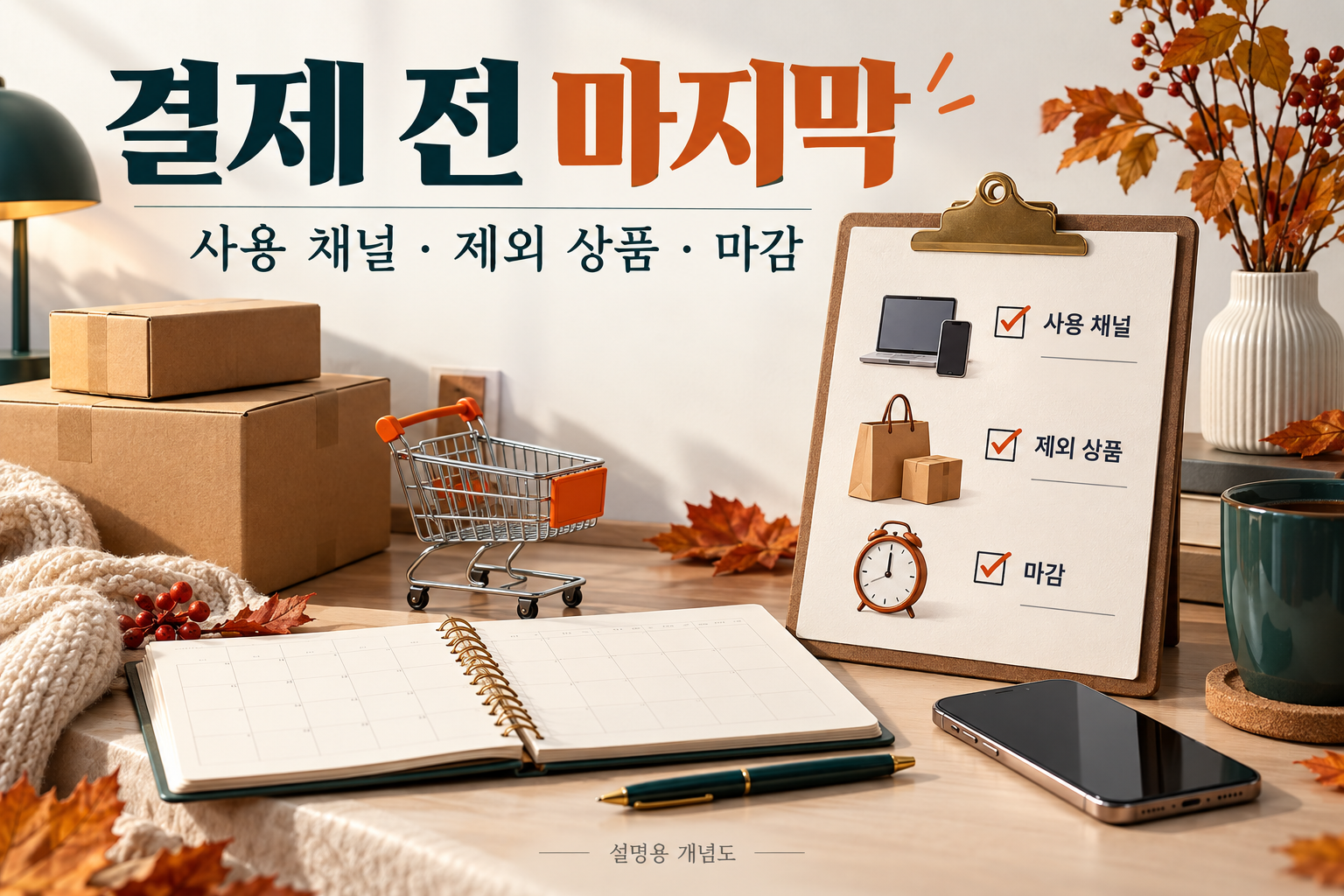 사용 채널·제외 상품·마감시간을 결제 전에 확인하는 도식